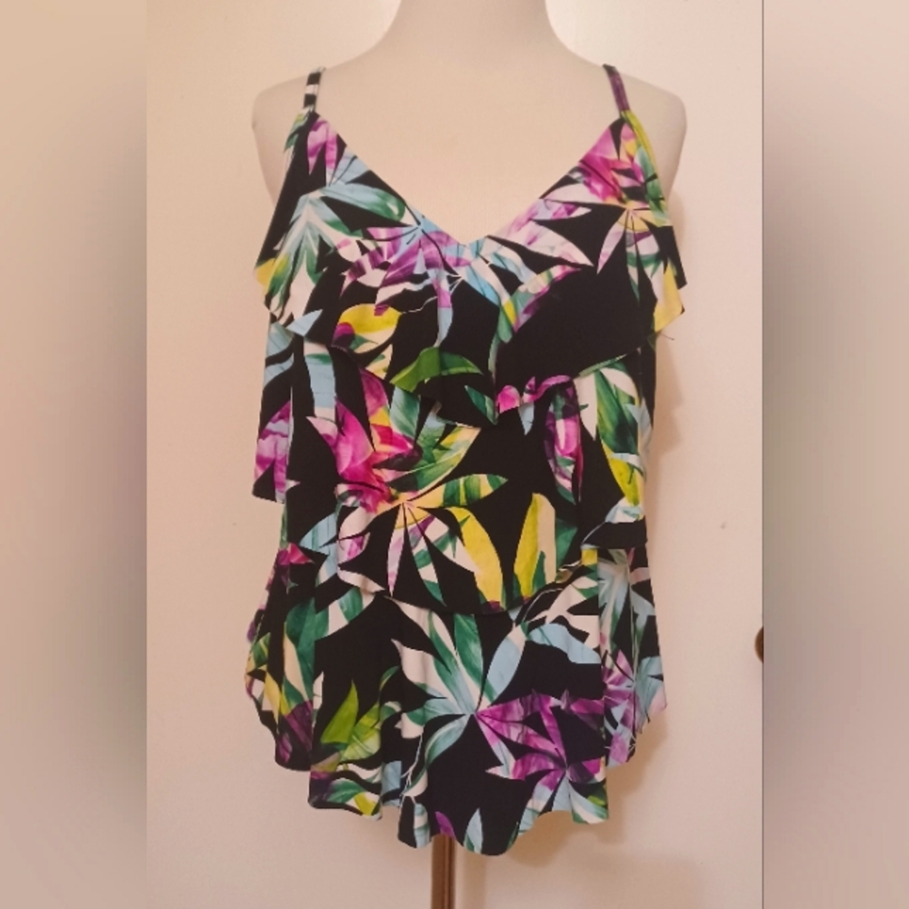 Size Large - Aqua Green Women's Tiered Tankini Top Multi Colored